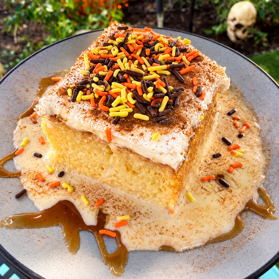 Square slice of layered cake topped with whipped cream, cinnamon, and colorful sprinkles, surrounded by caramel sauce on a plate.