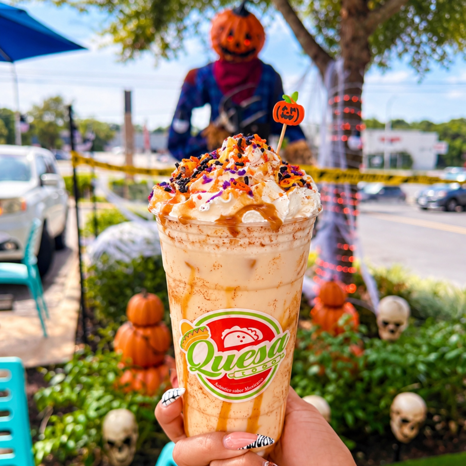 Hand holds a Quessito frozen drink topped with whipped cream and Halloween sprinkles, decorated with pumpkins, skeletons, and a scarecrow.