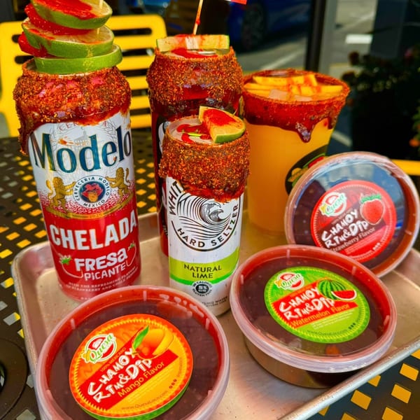 Mexican chamoy-rimmed drinks and dipping sauces, including Modelo Chelada and White Claw seltzer.